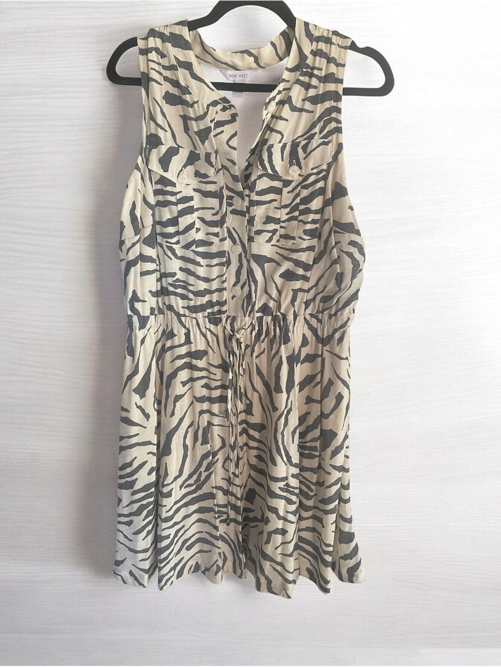 Nine West Olive Green and Cream Zebra Print Button-Front Dress